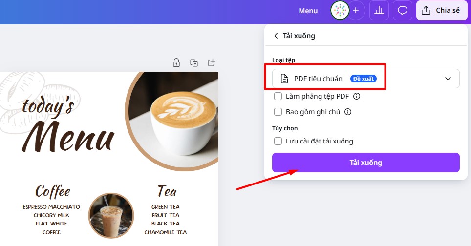chọn định dạng PDF tiêu chuẩn khi xuất file thiết kế