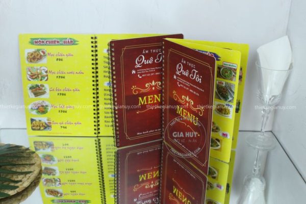 mẫu menu bìa cứng gáy lò xo nhà hàng ẩm thực quê tôi
