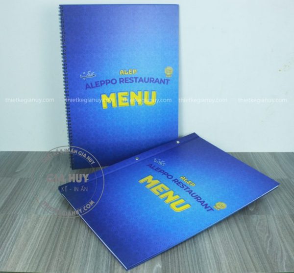 menu nhựa đóng cuốn gáy ốc ngoài Aleppo Restaurant