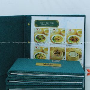 Menu bìa vải màu xanh khổ ngang của nhà hàng LAIKEE