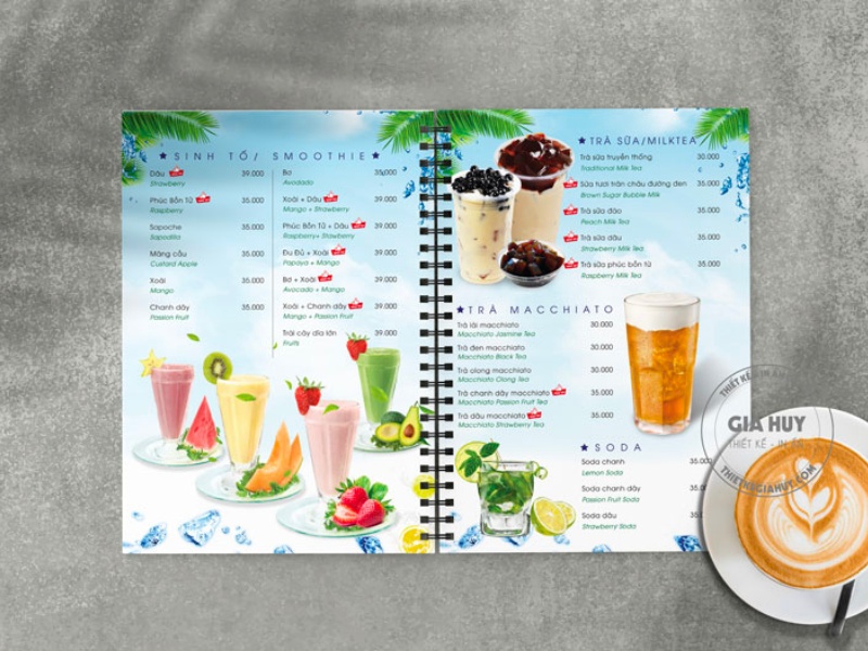 menu trà sữa dạng cuốn gáy lò xo