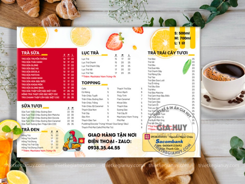 menu trà sữa nhiều màu sắc