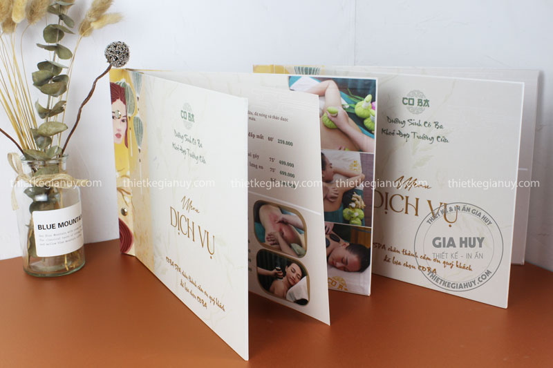 Menu bìa cứng khổ A4 ngang của spa gội đầu dưỡng sinh Cô Ba