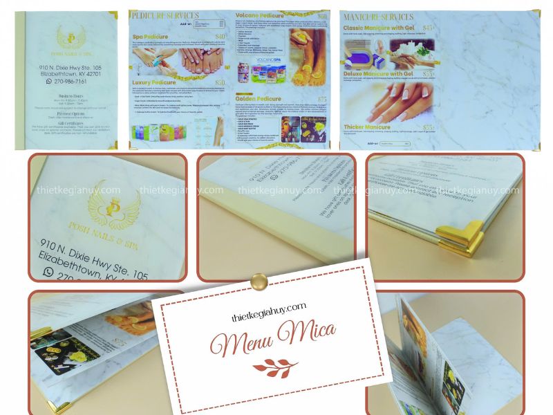 menu mở phẳng bìa da mica