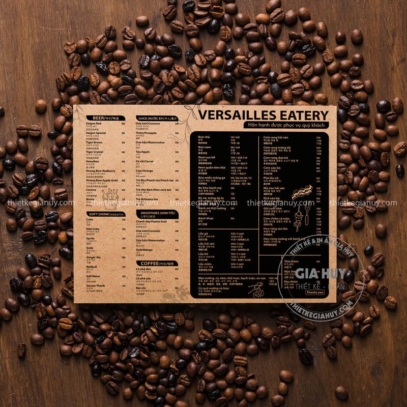 menu quán cà phê
