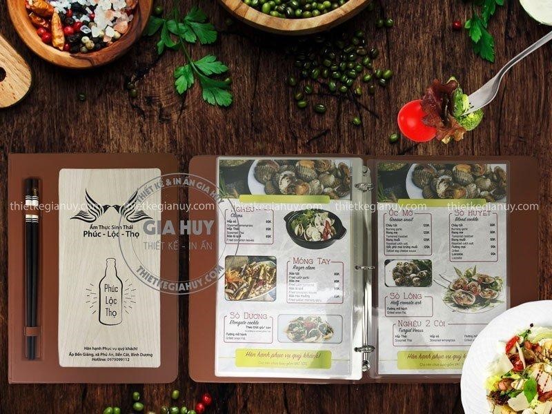 menu bìa gỗ ruột giấy ép plastic