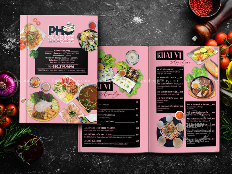 menu bìa cứng quán phở gia đình